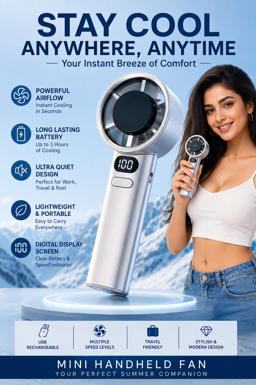 Mini Handheld Portable Fan — USB Rechargeable Lightweight Personal Cooling Fan